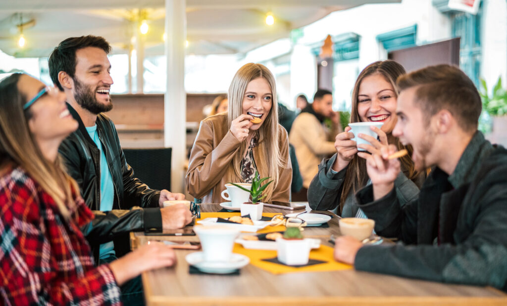 Group enjoying smart café swaps for healthier eating during meeting