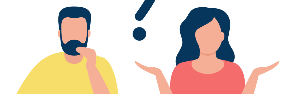 Thoughtful man and doubting woman with question mark.