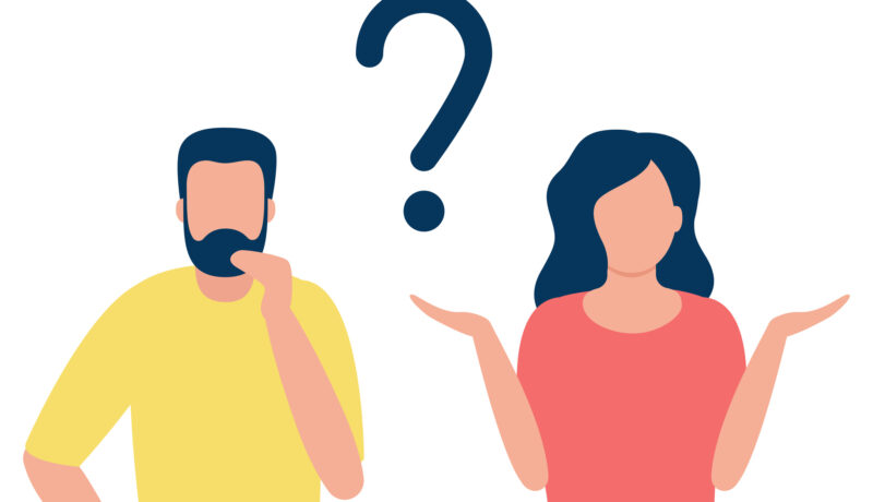 Thoughtful man and doubting woman with question mark.